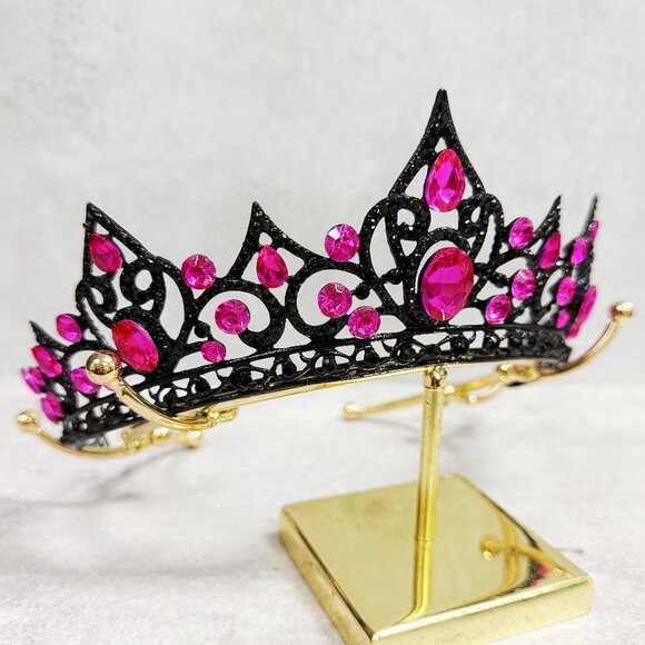 Fuchsia Crystal Tiara, Black Crown, Princess Crown, Purple Crystal Headband - Picture 4 of 8